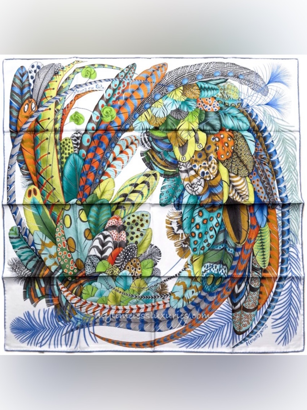 HERMES 'Plumes en Fete' 100% Silk Twill 90cm scarf by Aline Honore